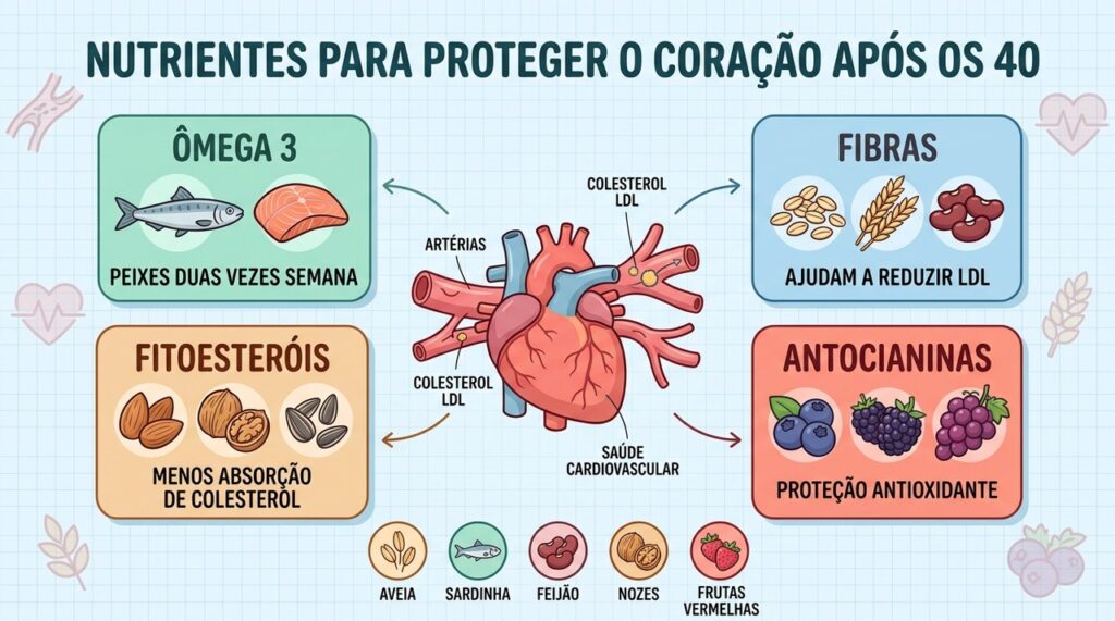 Ômega 3, fibras, fitoesteróis e antocianinas atuam juntos na proteção cardiovascular após os 40.