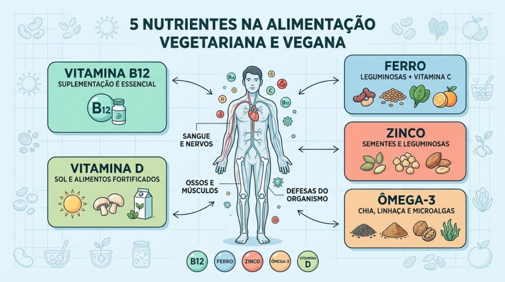 B12, ferro, zinco, ômega-3 e vitamina D merecem atenção na alimentação vegetal.