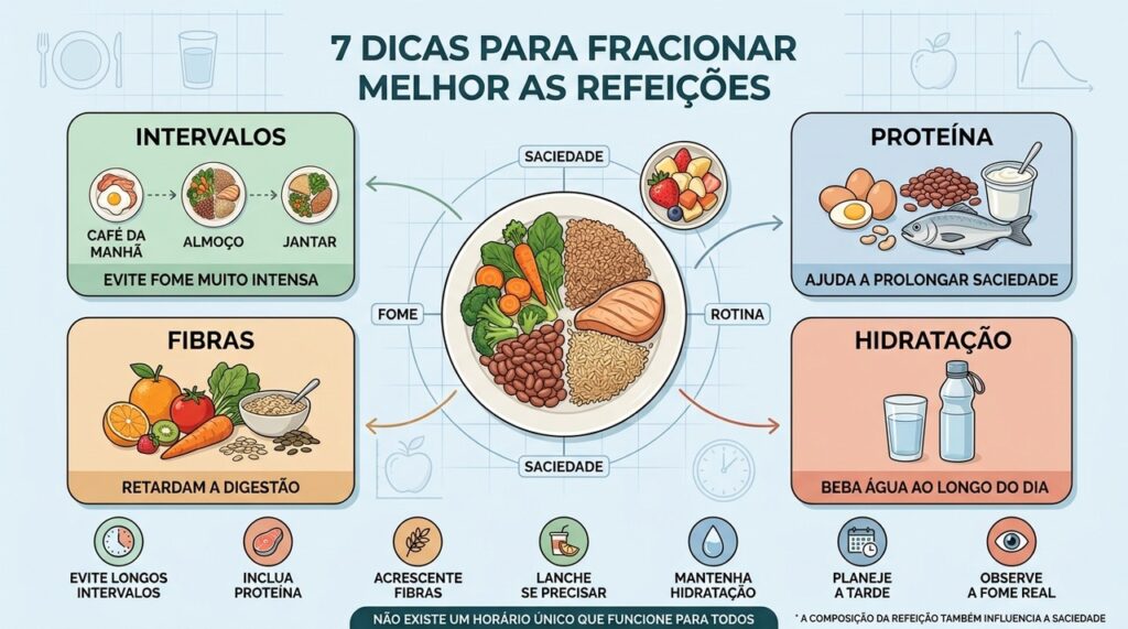 Proteína, fibras, hidratação e intervalos flexíveis ajudam a reduzir picos de fome.