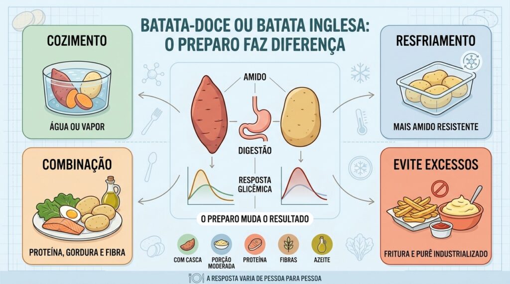 Cozimento, resfriamento, combinações e porção influenciam a resposta glicêmica das batatas.
