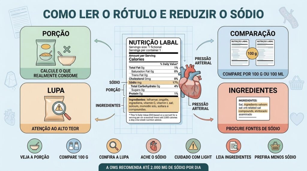 Porção, comparação, lupa e ingredientes revelam onde o sódio pode estar escondido.
