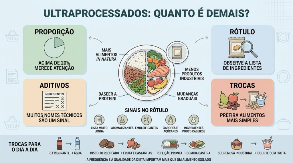Proporção, rótulo, aditivos e trocas simples ajudam a reduzir ultraprocessados na rotina.