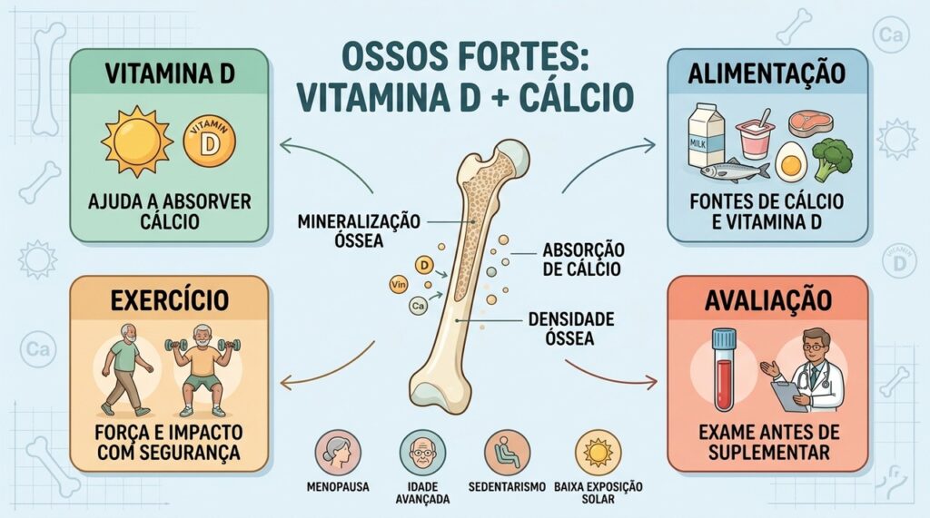 Quatro pilares ajudam a proteger os ossos contra osteoporose e perda de massa óssea.