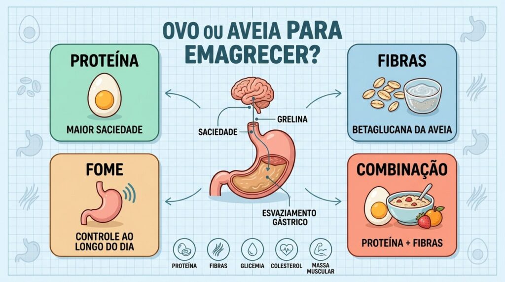 Ovo e aveia oferecem mecanismos diferentes para controlar fome, saciedade e metabolismo durante o emagrecimento.