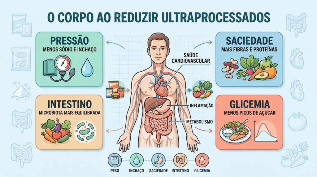 Menos ultraprocessados pode significar mais fibras, saciedade e equilíbrio metabólico.