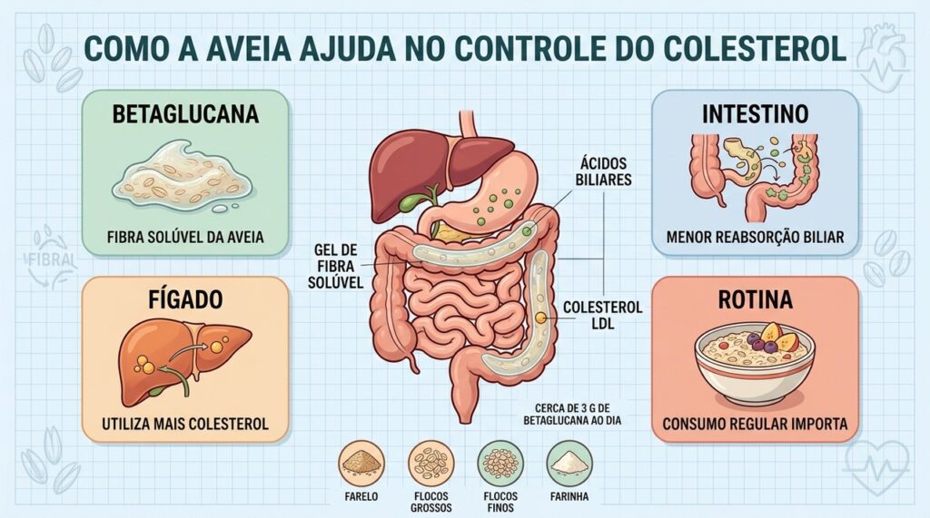 Betaglucana, intestino, fígado e consumo regular explicam o efeito da aveia no LDL.