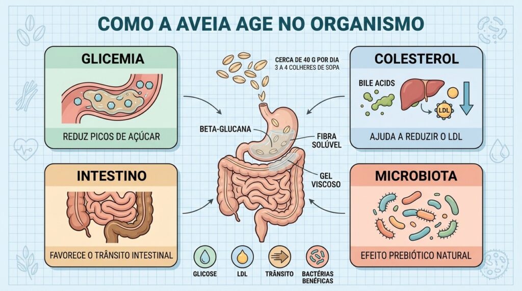 Beta-glucana da aveia atua sobre glicemia, LDL, trânsito intestinal e microbiota.