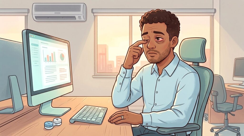 Telas, ar-condicionado e lentes podem intensificar o olho seco no fim do dia.