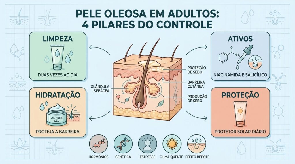 Limpeza suave, ativos, hidratação e proteção ajudam a equilibrar a produção de sebo.