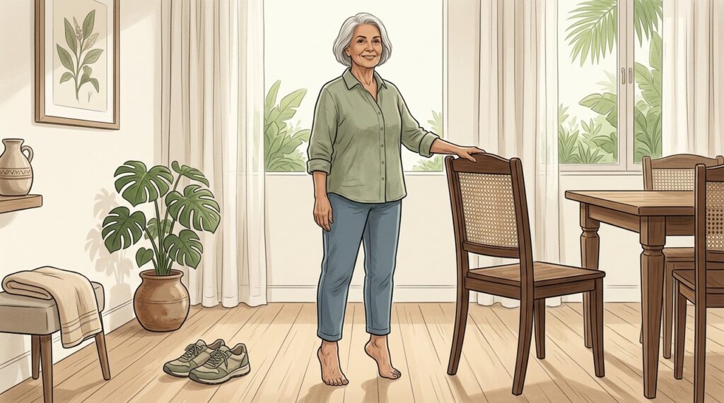 Exercícios simples com os dedos dos pés reforçam estabilidade e controle dos passos.