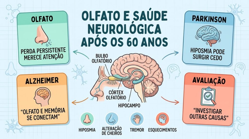 Olfato, memória e movimento ajudam a contextualizar sinais que merecem avaliação neurológica.