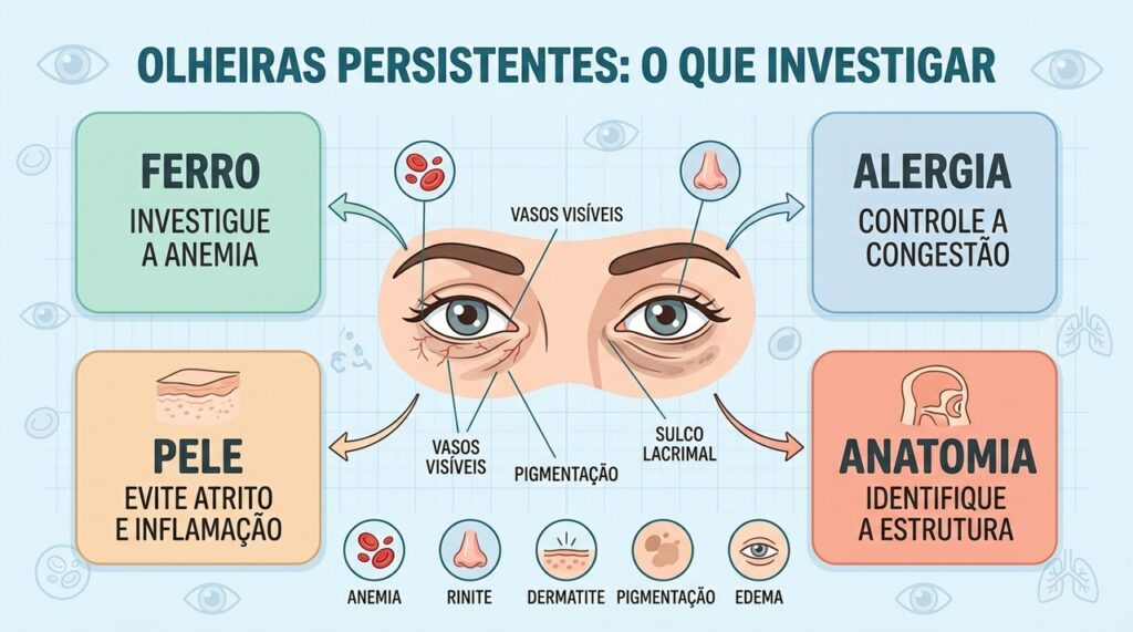 Anemia, alergias, inflamação e anatomia estão entre as causas possíveis de olheiras persistentes.