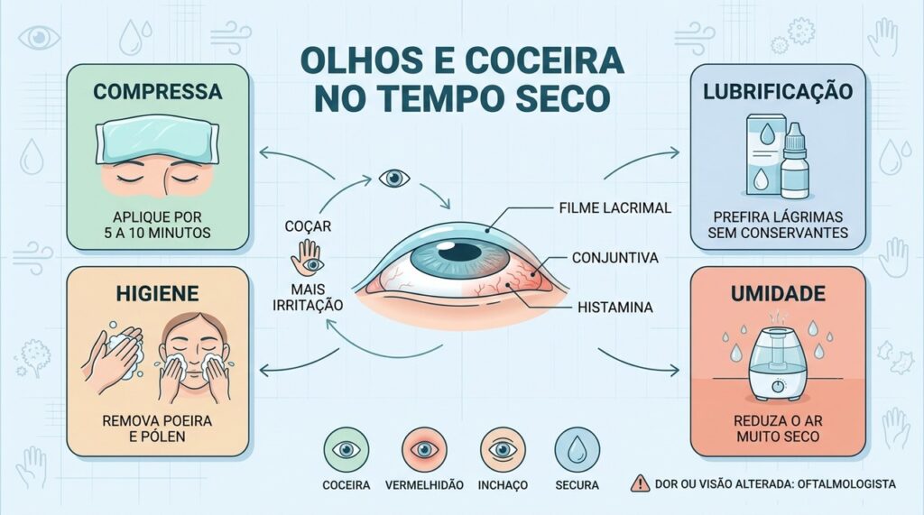 Evitar o atrito e manter a superfície ocular hidratada ajuda a controlar a coceira.