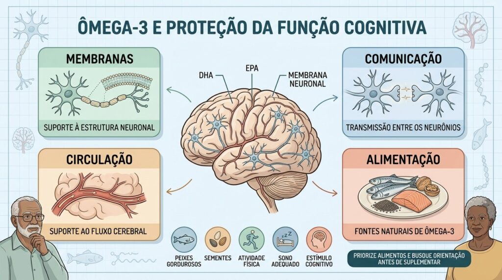 Membranas, comunicação neural, circulação e alimentação conectam ômega-3 à saúde cognitiva.