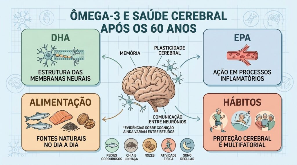 DHA, EPA, alimentação e hábitos saudáveis compõem o cuidado com a saúde cerebral.
