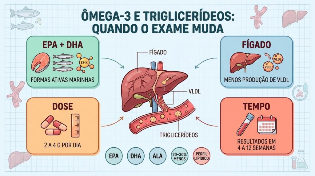 Dose adequada, EPA e DHA e tempo de uso influenciam a resposta dos triglicerídeos.