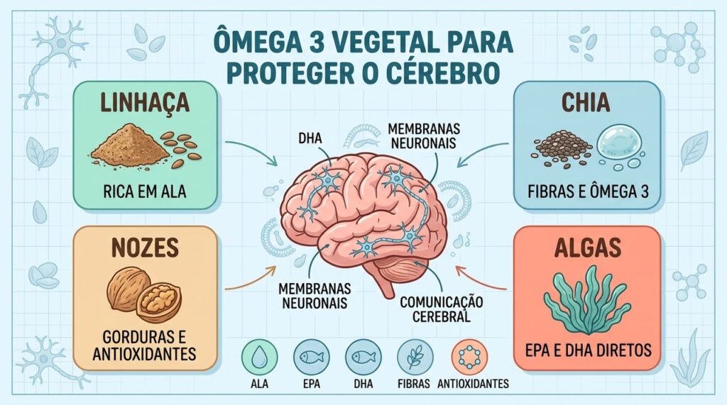 Linhaça, chia, nozes e algas oferecem diferentes formas de ômega 3 para apoiar a saúde cerebral.