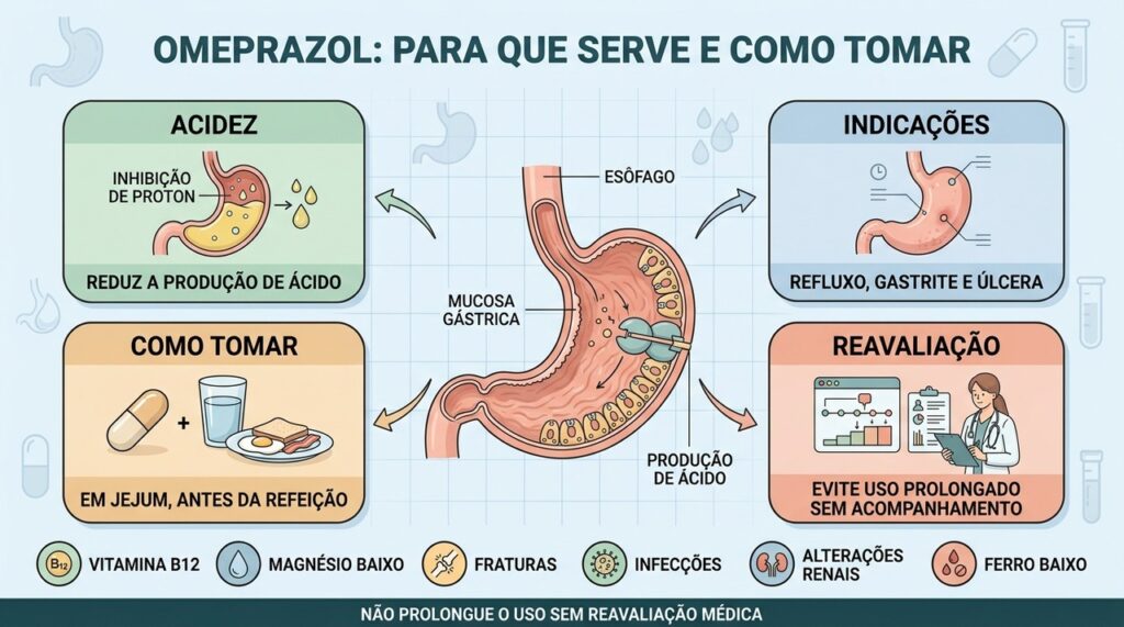 Omeprazol reduz a acidez, trata doenças gástricas e exige reavaliação no uso prolongado.