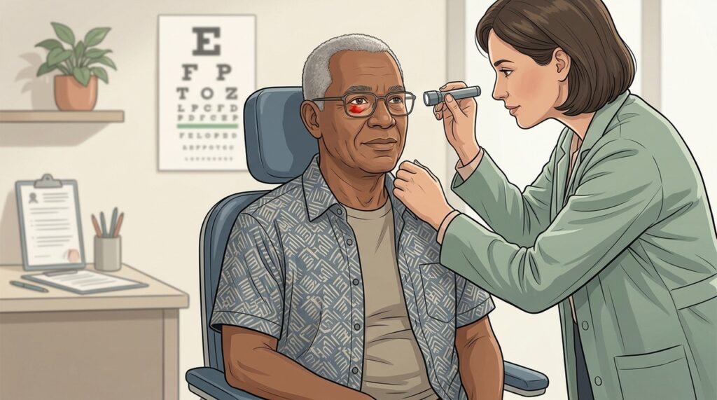 A avaliação oftalmológica diferencia sangramento superficial de alterações oculares mais importantes.