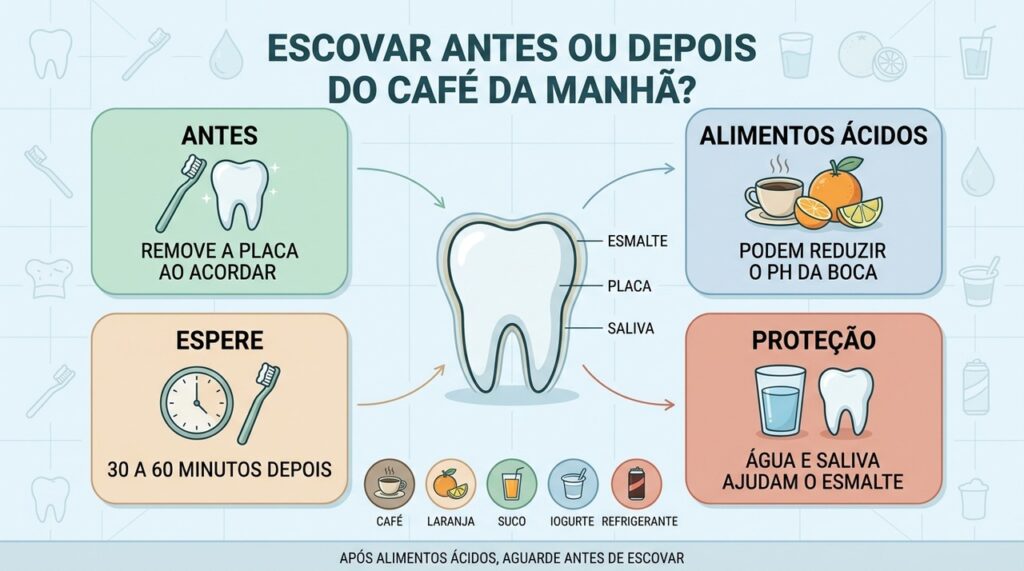 Escovar antes ou aguardar após alimentos ácidos ajuda a preservar o esmalte.