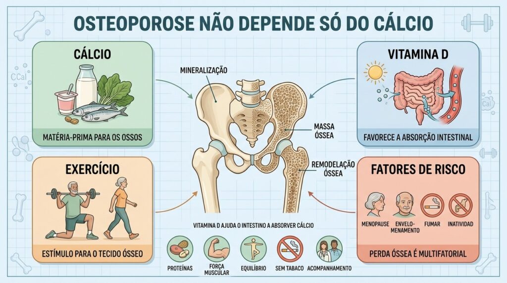 Cálcio, vitamina D, exercício e fatores de risco influenciam a saúde óssea.