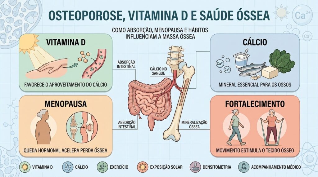 Após a menopausa, vitamina D e cálcio ganham importância na manutenção óssea.