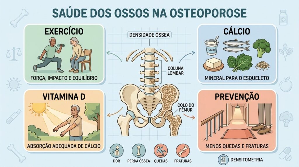 Exercício, cálcio, vitamina D e prevenção de quedas protegem ossos frágeis.
