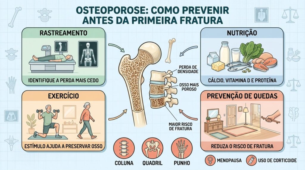 Rastreamento, nutrição, exercício e prevenção de quedas ajudam a reduzir fraturas por osteoporose.