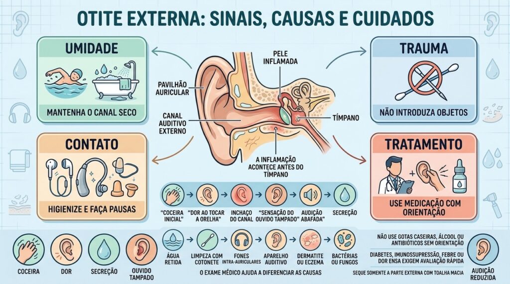 Umidade, trauma, contato e tratamento explicam os cuidados na otite externa.