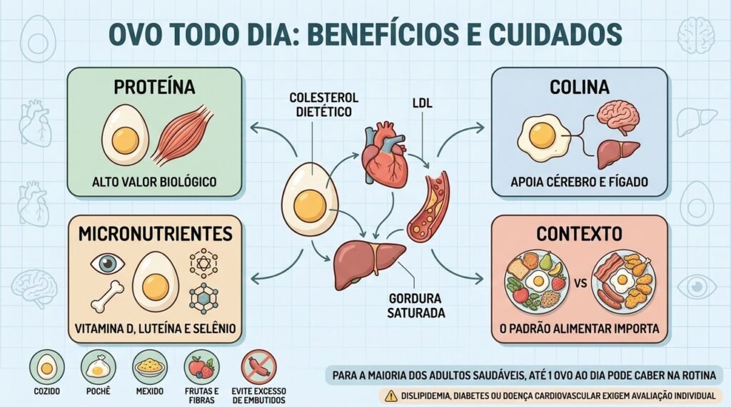 Proteína, colina, micronutrientes e preparo ajudam a entender o papel diário do ovo.