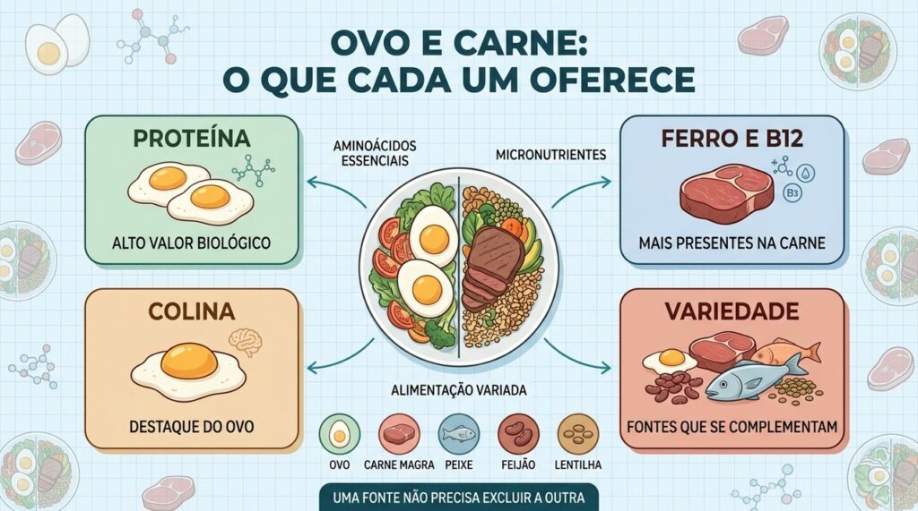 Ovo, carne e outras proteínas se complementam em uma alimentação variada e equilibrada.