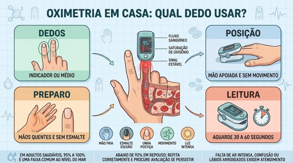 Dedo adequado, mãos aquecidas e imobilidade ajudam a obter oximetria confiável.