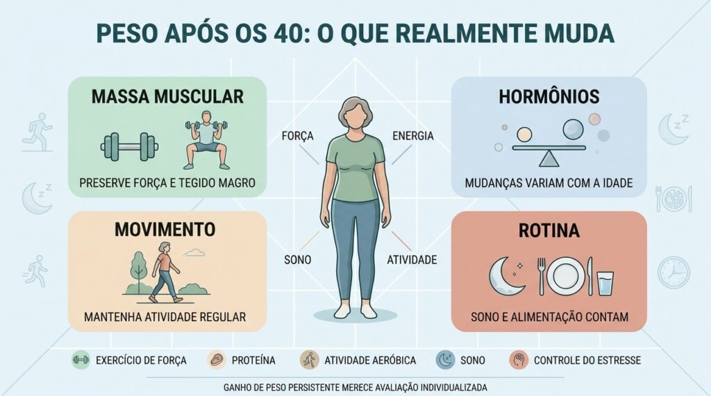 Músculos, hormônios, movimento e rotina influenciam o peso durante a meia-idade.