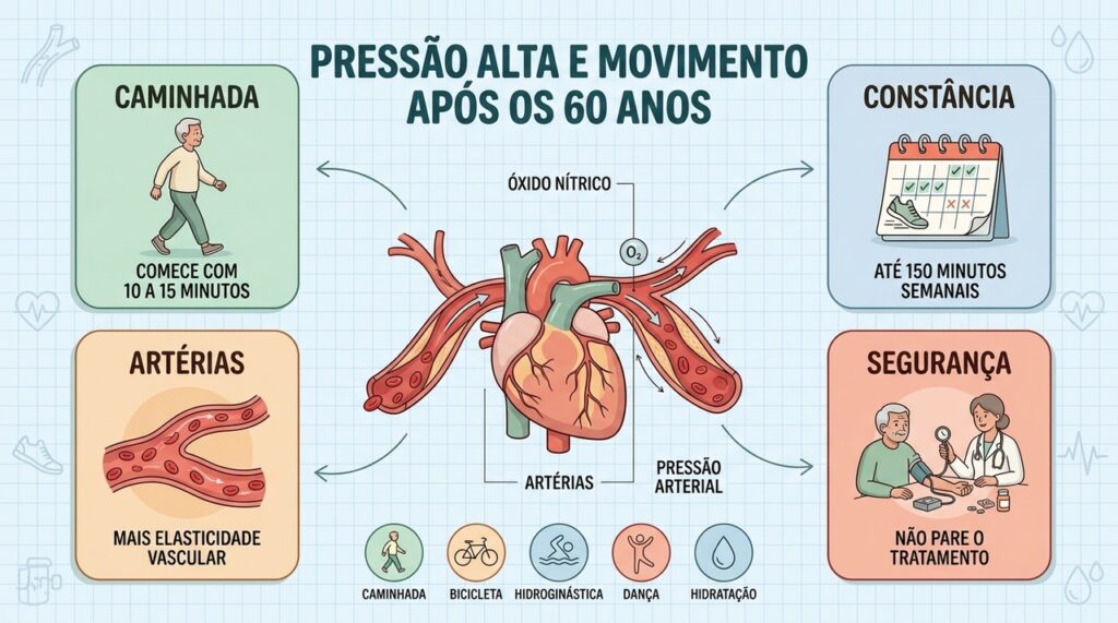Caminhada, constância e acompanhamento ajudam idosos a cuidar da pressão arterial com segurança.