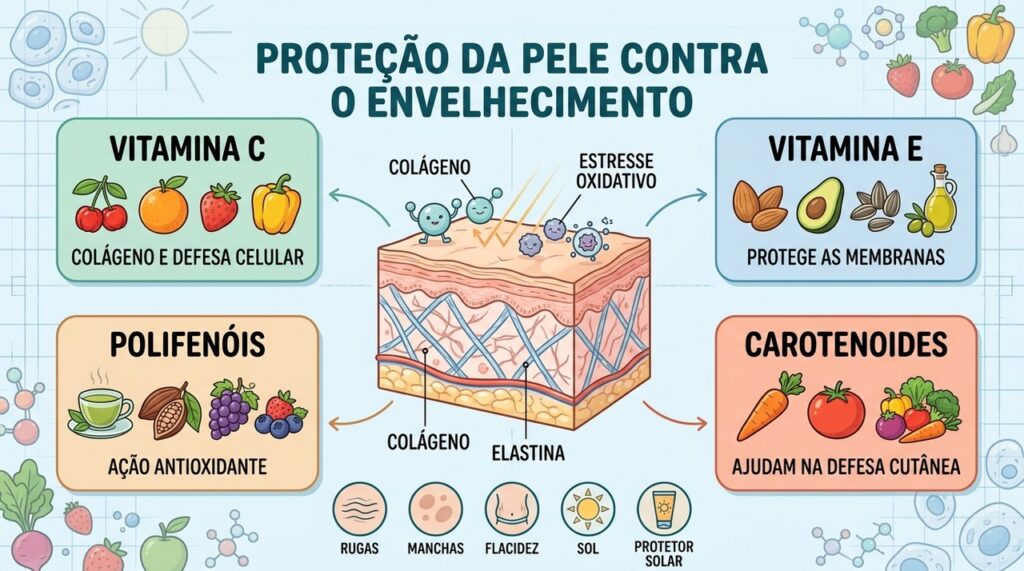 Vitaminas, polifenóis, carotenoides e proteção solar ajudam a preservar a saúde cutânea.