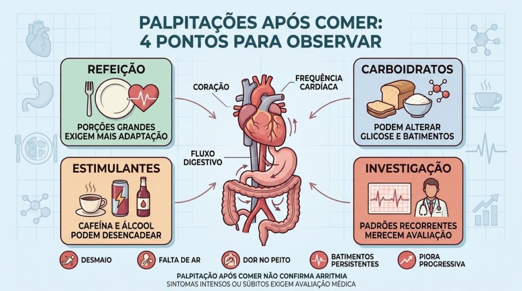 Tamanho da refeição, carboidratos, estimulantes e sintomas ajudam a investigar palpitações.