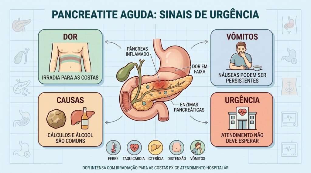Dor em faixa, vômitos, causas comuns e sinais sistêmicos orientam suspeita de pancreatite.