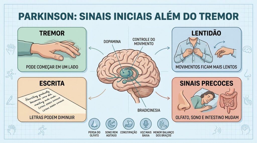 Tremor, lentidão, micrografia e sinais não motores ajudam na investigação precoce.
