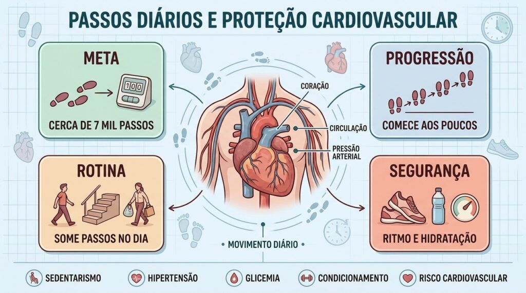 Meta gradual, rotina ativa e segurança tornam os passos aliados da saúde cardiovascular.