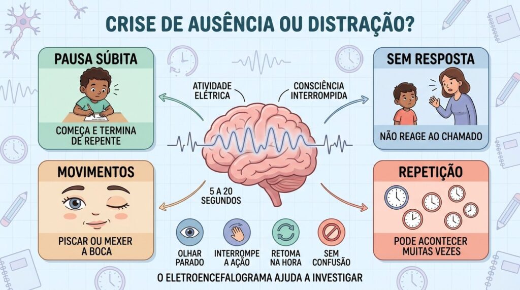 Pausa súbita, olhar parado e repetição ajudam a diferenciar crise de distração.