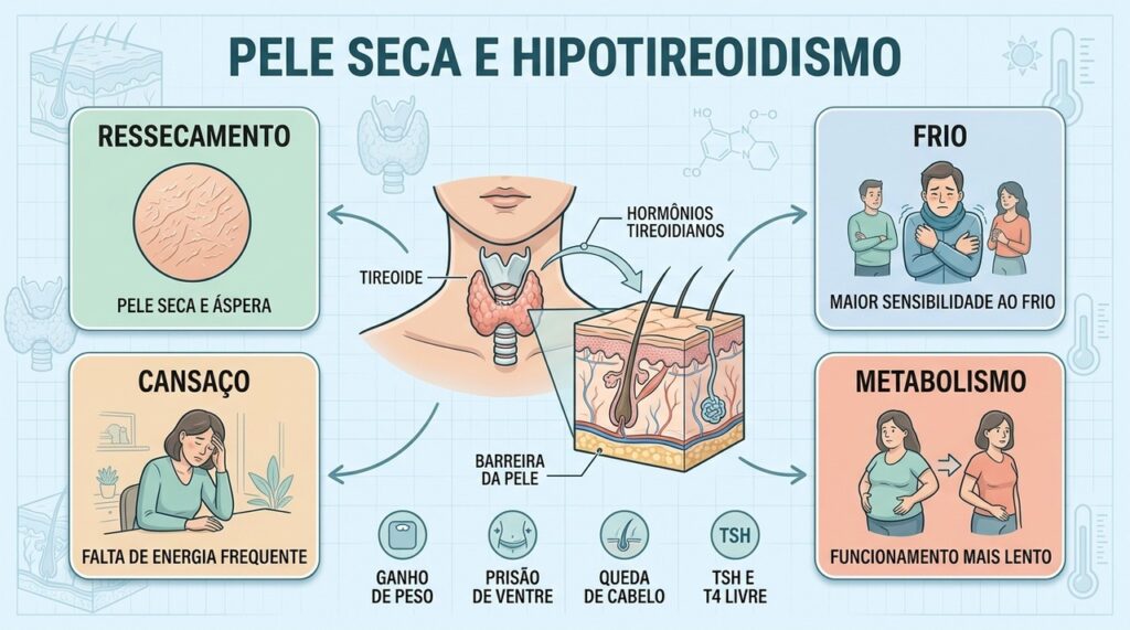 Ressecamento, frio, cansaço e metabolismo lento podem aparecer juntos no hipotireoidismo.