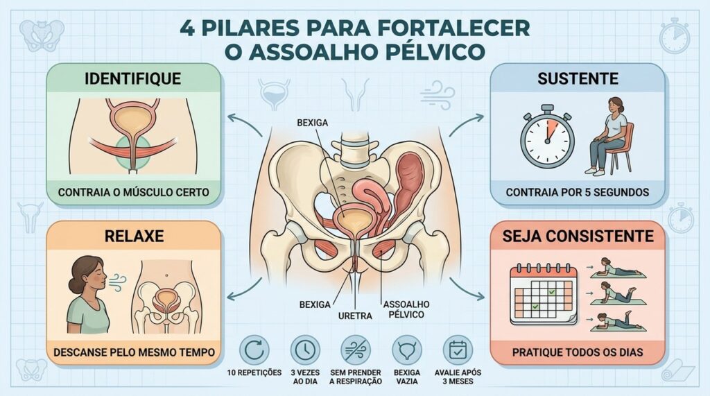 Identificação correta, contração, relaxamento e consistência tornam o treino pélvico mais eficaz.