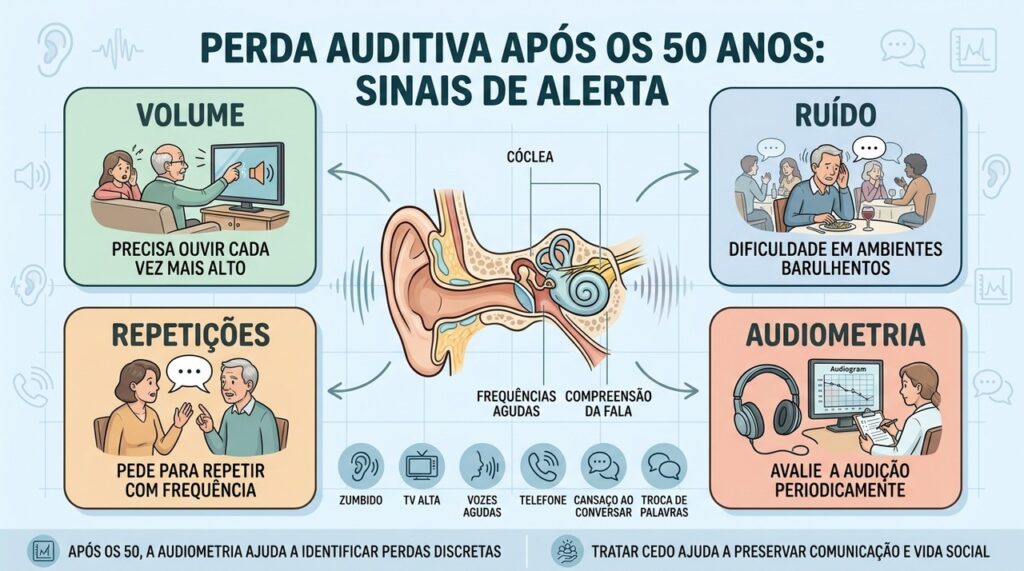 Volume alto, ruído, repetições e audiometria ajudam a detectar perda auditiva precoce.