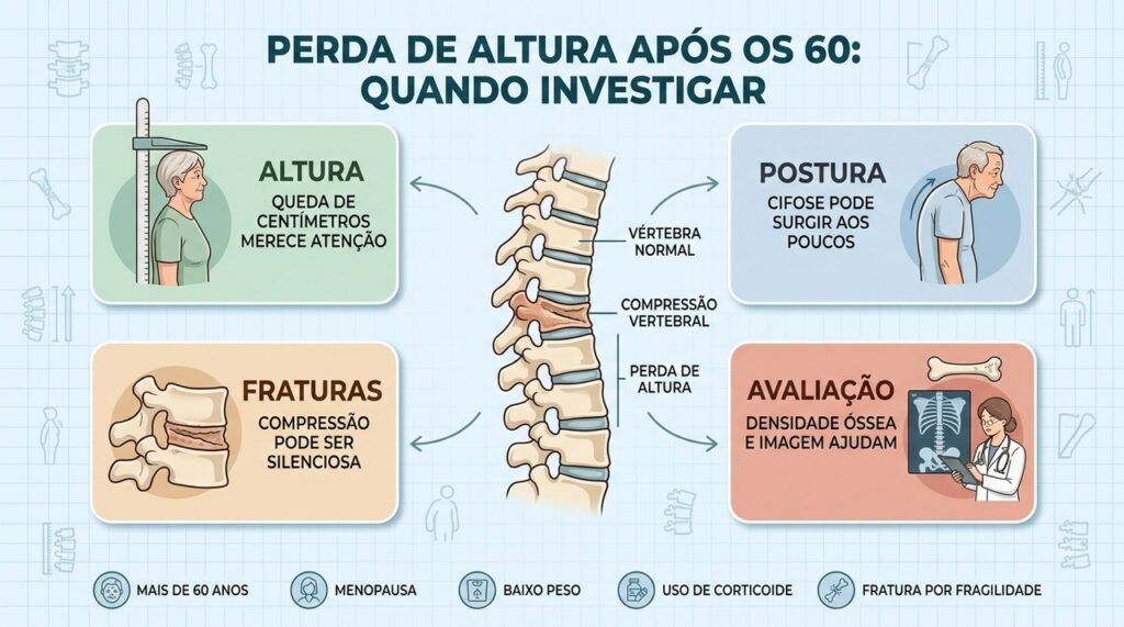 Perder alguns centímetros de altura depois dos 60 pode ser uma pista de fraturas silenciosas na coluna