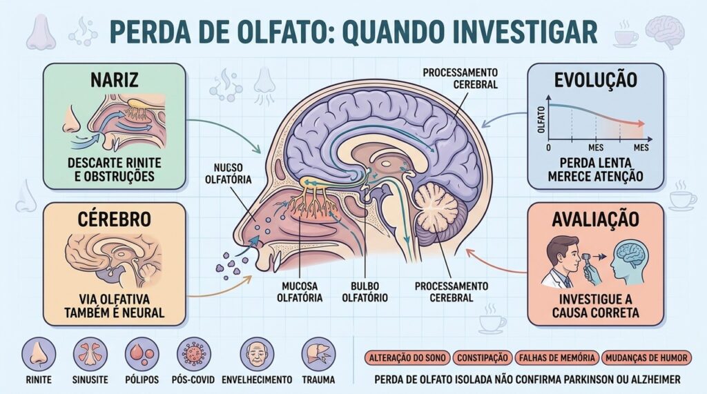 Nariz, evolução, via olfatória e sinais associados orientam a investigação da hiposmia.