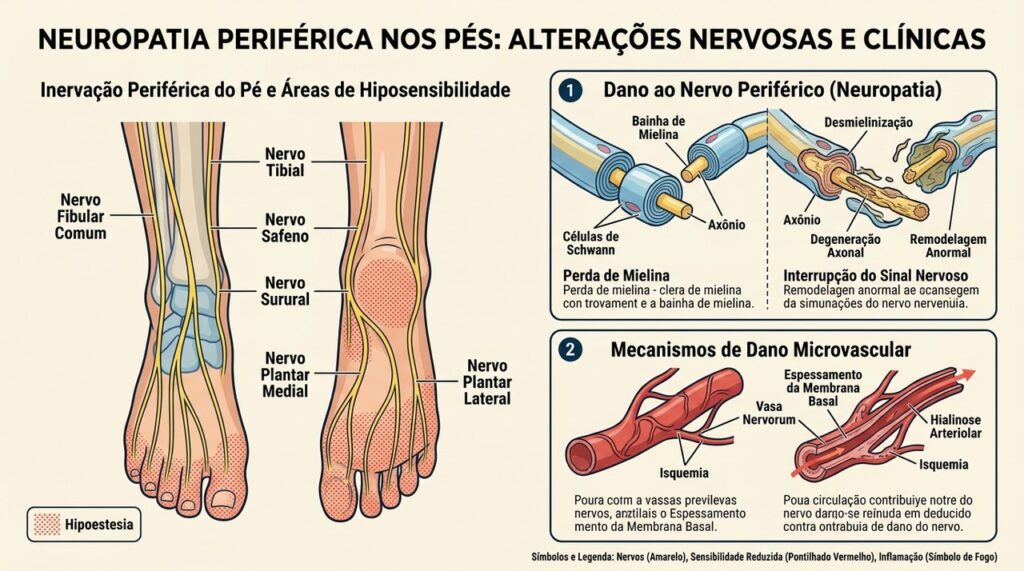 A neuropatia periférica pode reduzir a sensibilidade dos pés e contribuir para desequilíbrio e quedas.