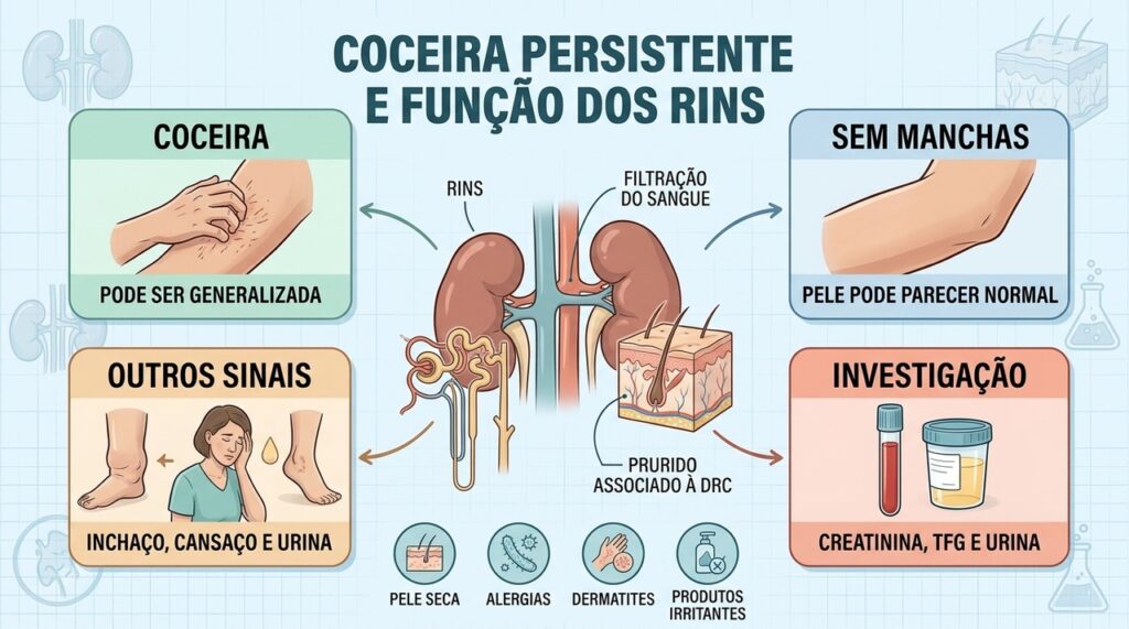 Coceira, sinais associados e exames ajudam a diferenciar causas dermatológicas de alterações renais.