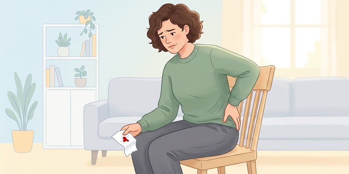 Sangue vermelho vivo no papel junto com coceira ou dor ao sentar pode ocorrer nas hemorroidas.