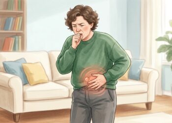 Um caroço na virilha que aparece ao tossir ou fazer força pode ser sinal de hérnia inguinal.