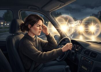 Faróis muito brilhantes e halos à noite podem aparecer com alterações da visão relacionadas à idade.